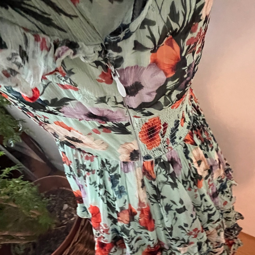 NWOT BHLDN Romantic Mint Floral Chiffon Plunge Long-Sleeve Ruffle Maxi Dress - Picture 10 of 12